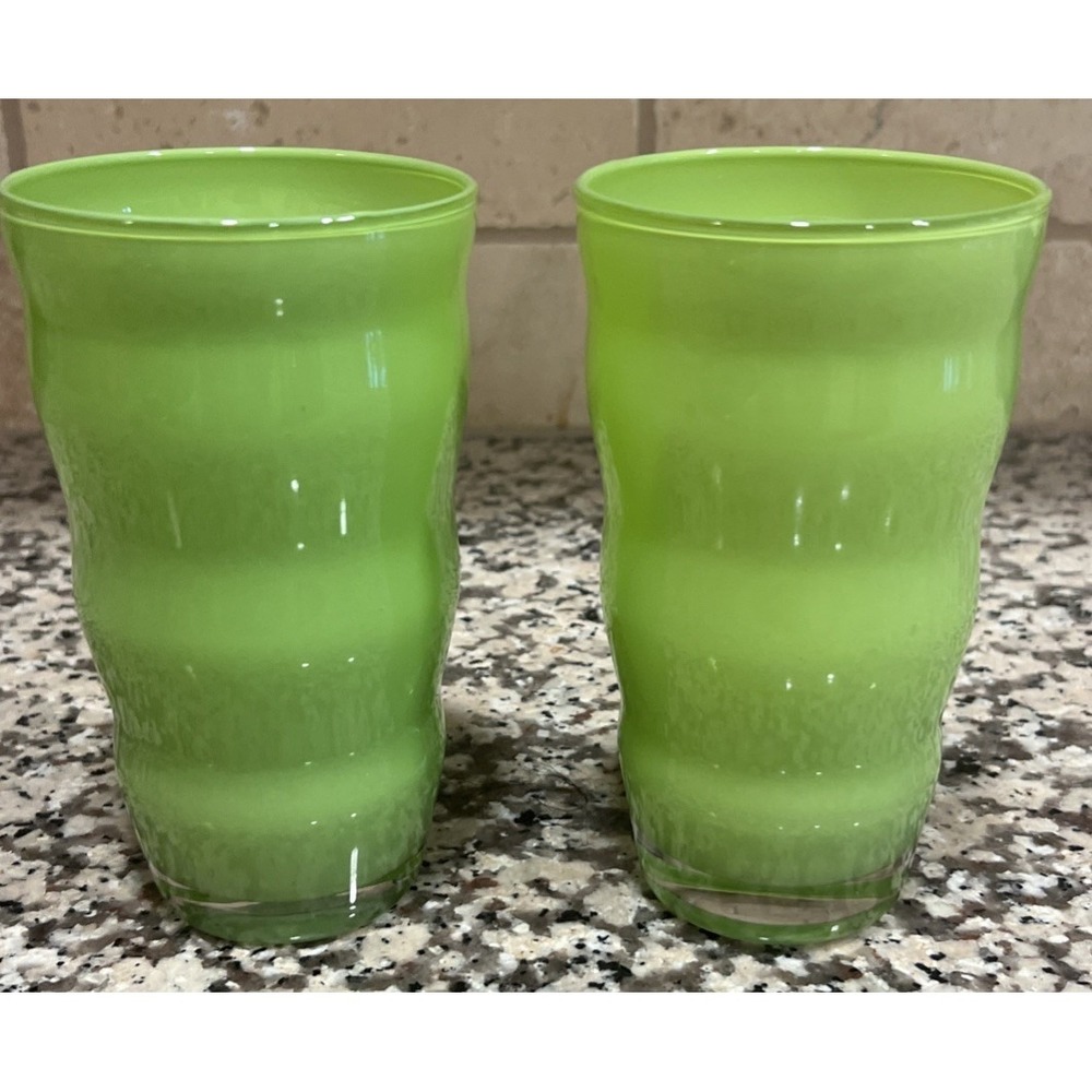 Set Of 2 Dansk MCM Rio Tumblers Glasses 16 oz Wavy Ripple Glass Green